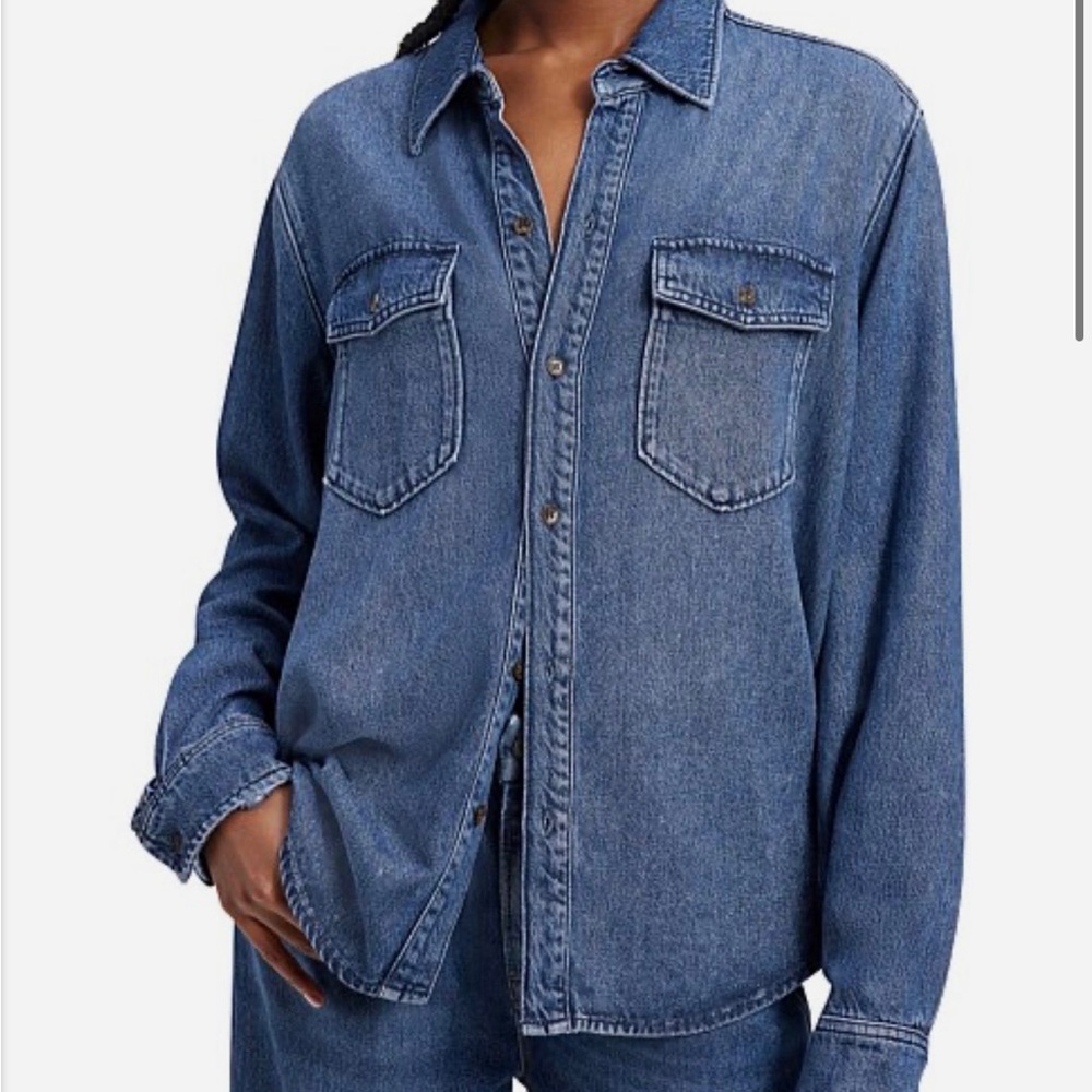 GOOD AMERICAN WEIGHTLESS EASY DENIM SHIRT LIGHT INDIGO, Size 0
